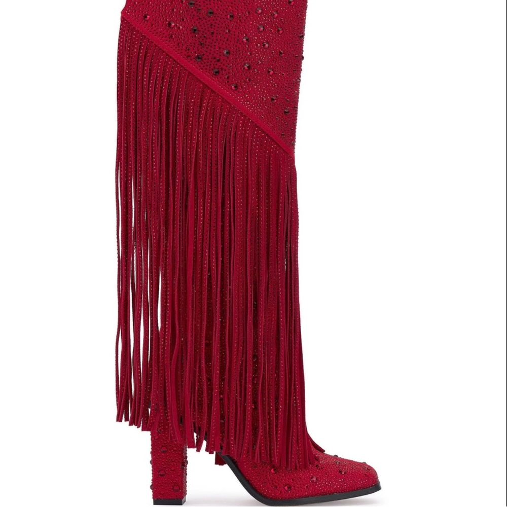 JESSICA SIMPSON Red Western Fringe Rhinestone Knee Boots size 8.5 wide calf - Picture 2 of 9